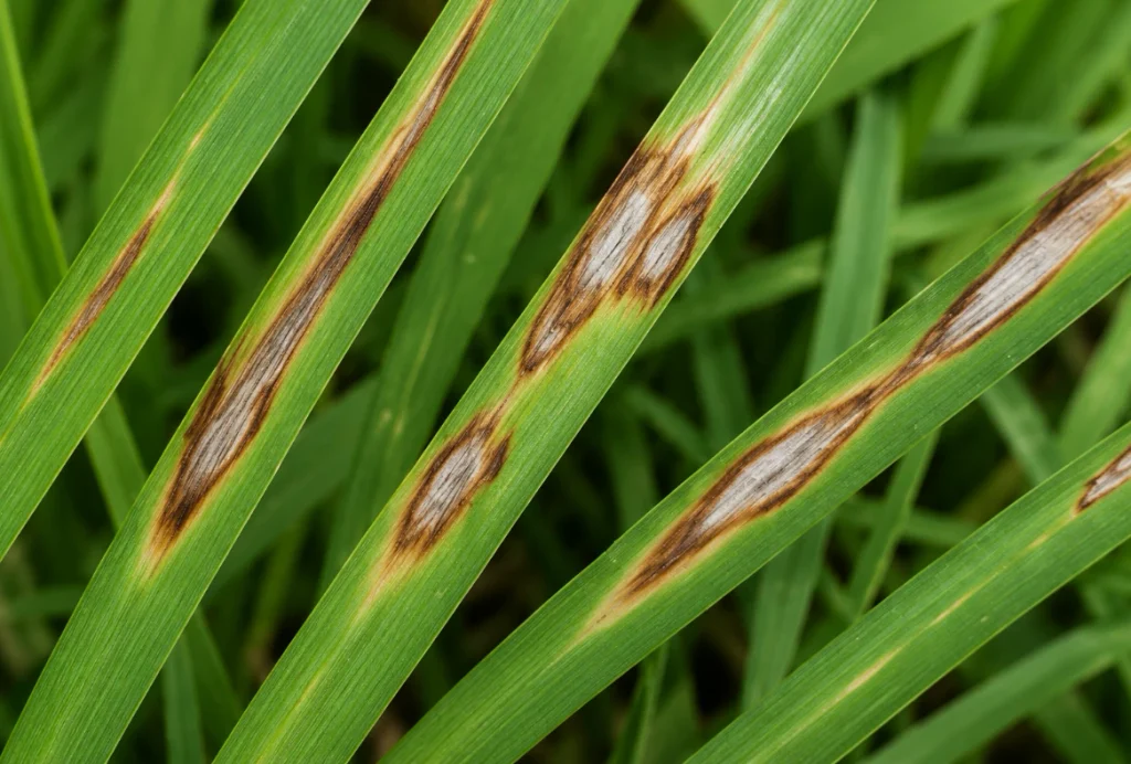 St. Augustinegrass blades showing oblong gray leaf spot lesions with dark brown borders