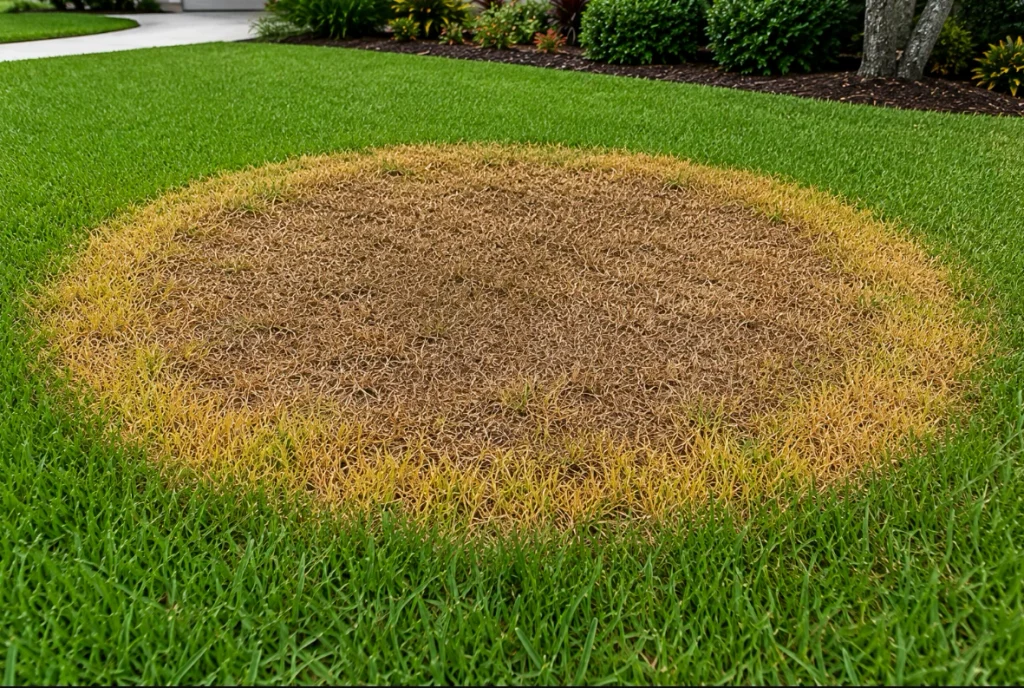 Circular area of yellowed and brown St. Augustine grass showing a large patch disease pattern