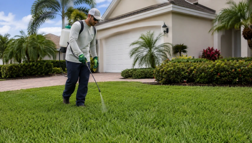 Lawn care professional applying weed control treatment with a backpack sprayer on a St. Augustine lawn