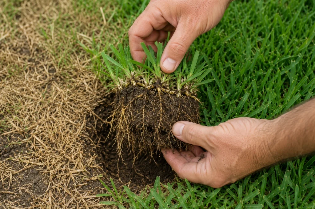 Hands pulling up a plug of St. Augustine grass to inspect roots for signs of lawn disease
