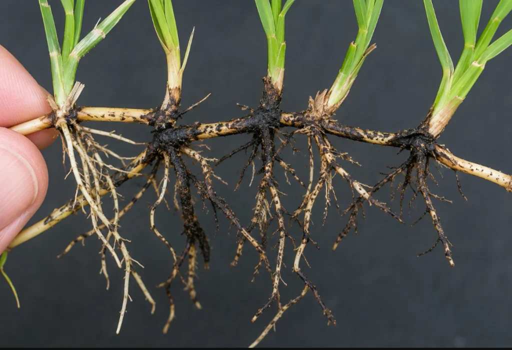 St. Augustine grass stolons and roots showing signs of take-all root rot