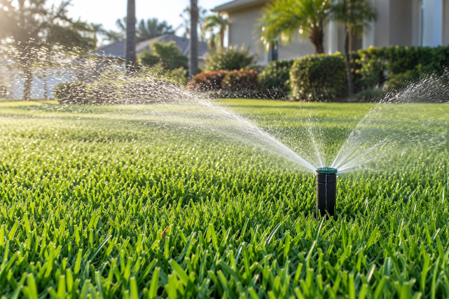 Residential pop-up sprinkler watering a healthy St. Augustine grass lawn