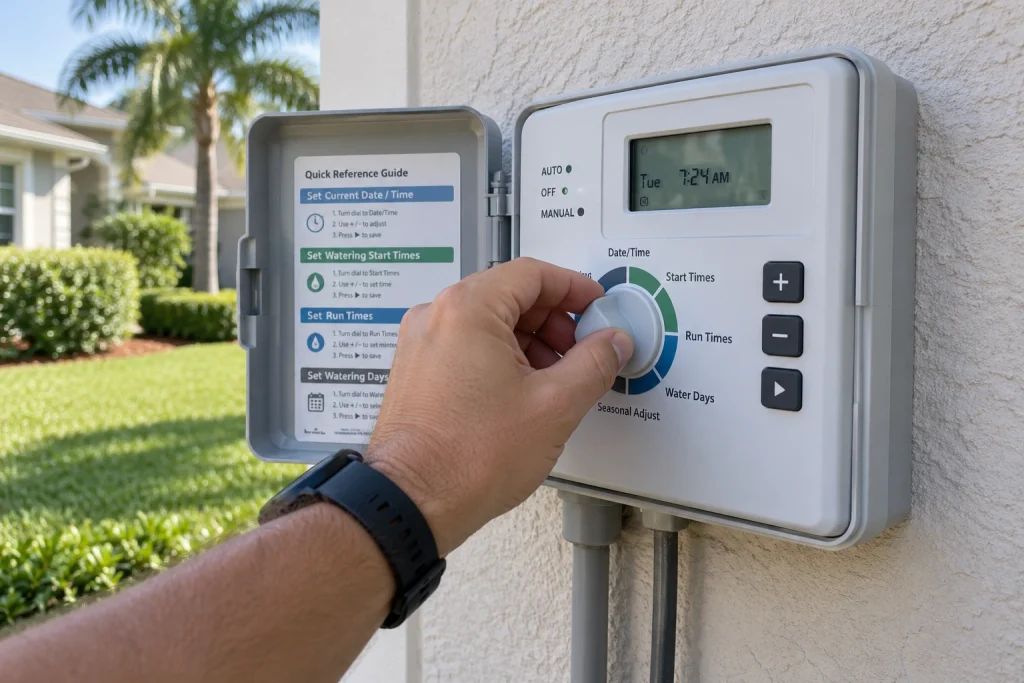 Hand adjusting a residential irrigation timer for lawn watering